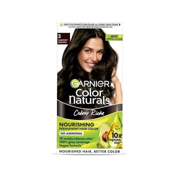 Garnier, Hair Colouring Creme, Long-lasting Colour, Smoothness & Shine, Color Naturals, Shade: 3 Darkest Brown, 70ml + 60g - 70 Ml+60 GM