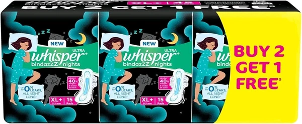 Whisper Ultra Night Up To 0% Leaks All Night Long Buy 2 Get 1 Free - 15 Pads (XL)  - 15 Pads