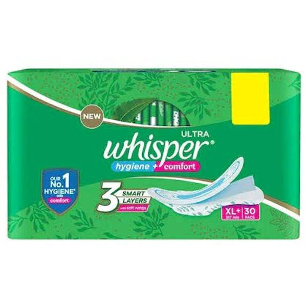 whisper ultra hygiene + comfort Our No.1 Hygiene With Comfort pads (XL) 30 pads 3 Smart Layers With Soft Wings  - 30 Pads