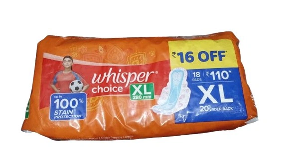 Whisper Choice XL 280 Mm Up To 100% Stain Protection (₹16 Off 18 Pads) 20% Wider Back - 18 Pads