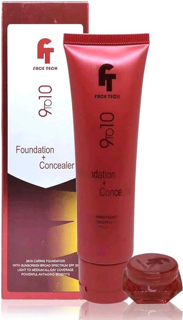 Face Tech 9to10 Foundation+Concealer Skin Caring Foundation With Sunscreen Broad Spectrum SPF 20 Light To Medium All- Day Coverage Powerful Anti-aging Benefits  - 50 Ml, 01
