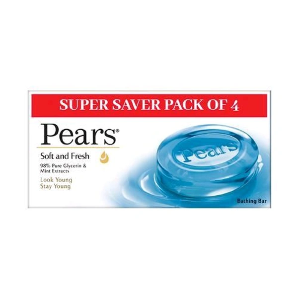 Pears Soft And Fresh 98% Pure Glycerin & Mint Extracts Look Young Stay Young  - 4x125 GM