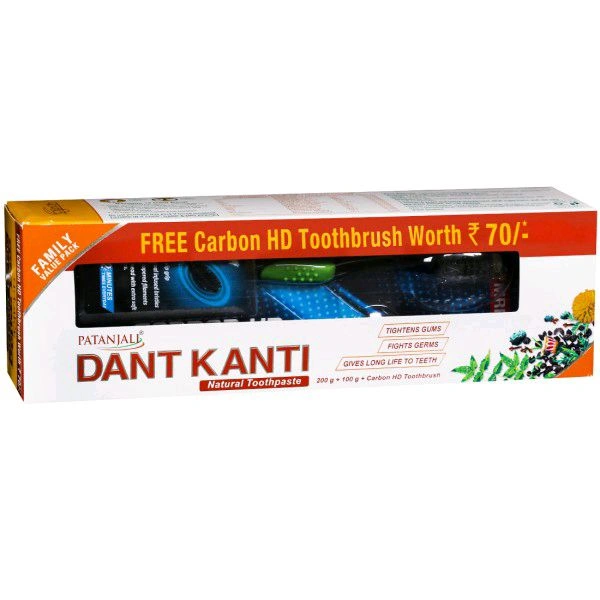 Dant Kanti Big Saver Pack Patanjali Dant Kanti Natural Toothpaste Tightens Gums Fights Germs Gives Long Life To Teeth - 200+100+Carbon HD Toothbrush