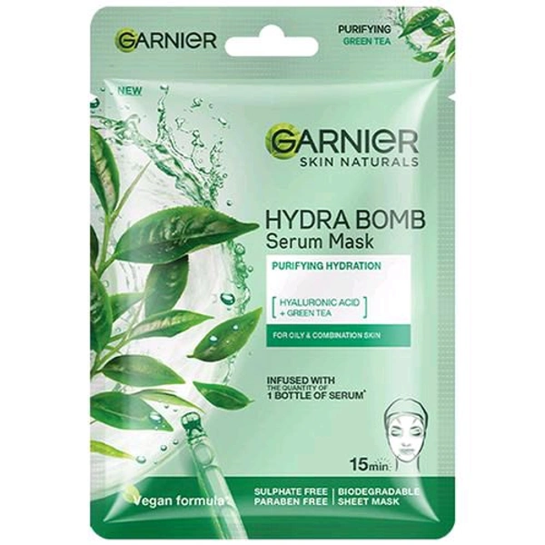 Garnier Skin Naturals Hydra Bomd Serum Mask Purifying Hydration ( Hyaluronic Acid + Green Tea ) For Oily & Combination Skin Infused With The Quantity Of 1 Bottle Of Serum Vegan Formula Sulphate Free Paraben Free Biodegradable Sheet Mask - 28 GM