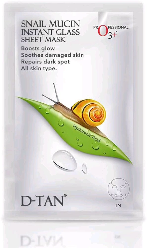 O3+ Snail Mucin Instant Glass Sheet Mask Boosts Glow Soothes Damaged Skin Repairs Dark Spot Hyaluronic Acid D-tan 1N Sheet - 30 Ml