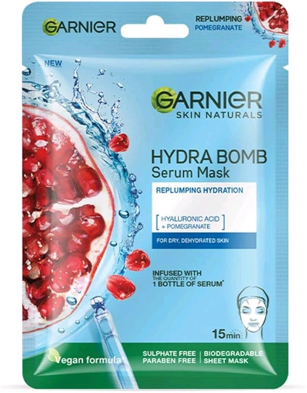 Garnier Skin Naturals Hydra Bomd Serum Mask Replumping Hydration ( Hyaluronic Acid + Pomegranate ) For Dry ,Dehydrated Skin Infused With The Quantity Of 1 Bottle Of Serum Vegan Formula Sulphate Free Paraben Free Biodegradable Sheet Mask - 28 GM