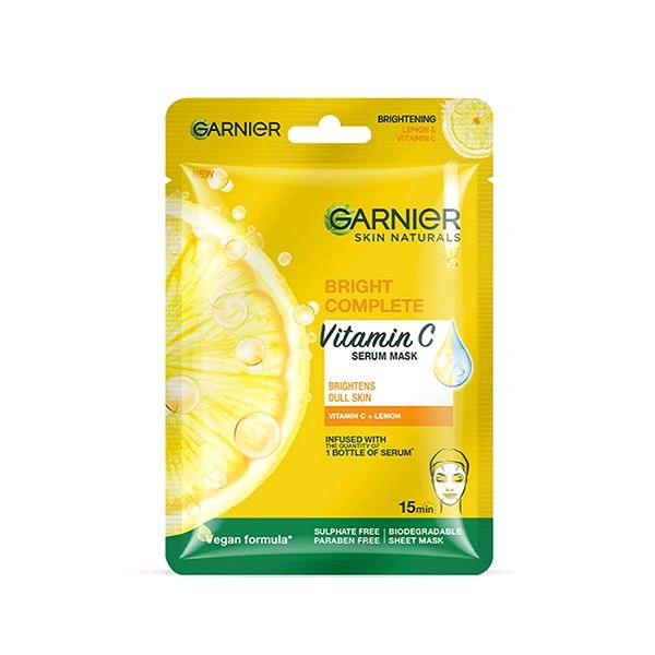 Garnier Skin Naturals Bright Complete Vitamin C Serum Mask Brightens Dull Skin Vitamin C+ Lemon Infused With The Quantity Of 1 Bottle Of Serum Vegan Formula Sulphate Free Paraben Free Biodegradable Sheet - 28 GM