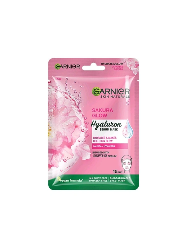 Garnier Skin Naturals Sakura Glow Hyaluron Serum Mask Hydrates & Makes Dull Skin Glow Infused With The Quantity Of 1 Bottle Of Serum Vegan Formula Sulphate Free Paraben Free Biodegradable Sheet Mask - 28 GM