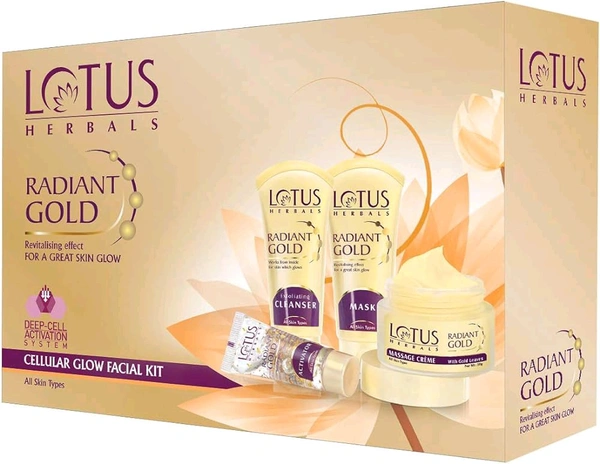 Lotus Herbals Radiant Gold Revitalising Effect For Great Skin Glow Deep- Cell Activation System Cellular Glow Facial Kit All Skin Types - 170 GM