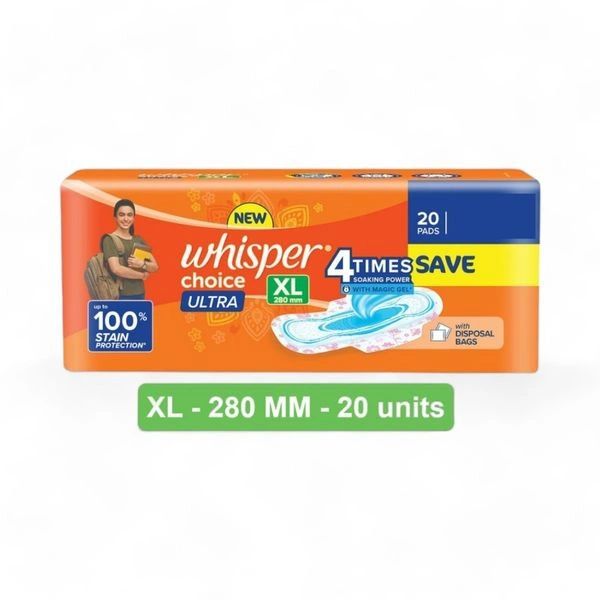 Whisper Choice XL 280 Mm Up To 100% Stain Protection (₹16 Off 18 Pads) 20% Wider Back - 20 Pads