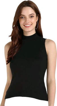 Womens Tank Top High Neck Cotton Top Stylish Women Top - Black, S