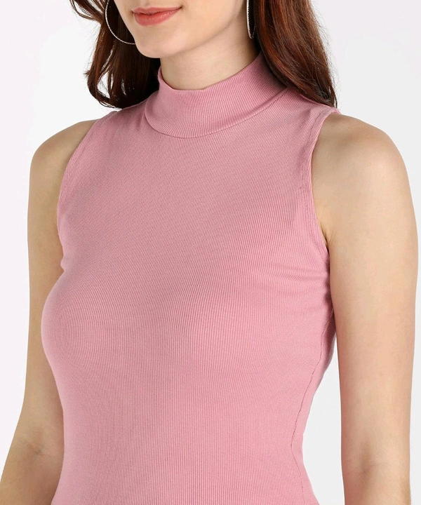 Womens Tank Top High Neck Cotton Top Stylish Women Top - Pink, L