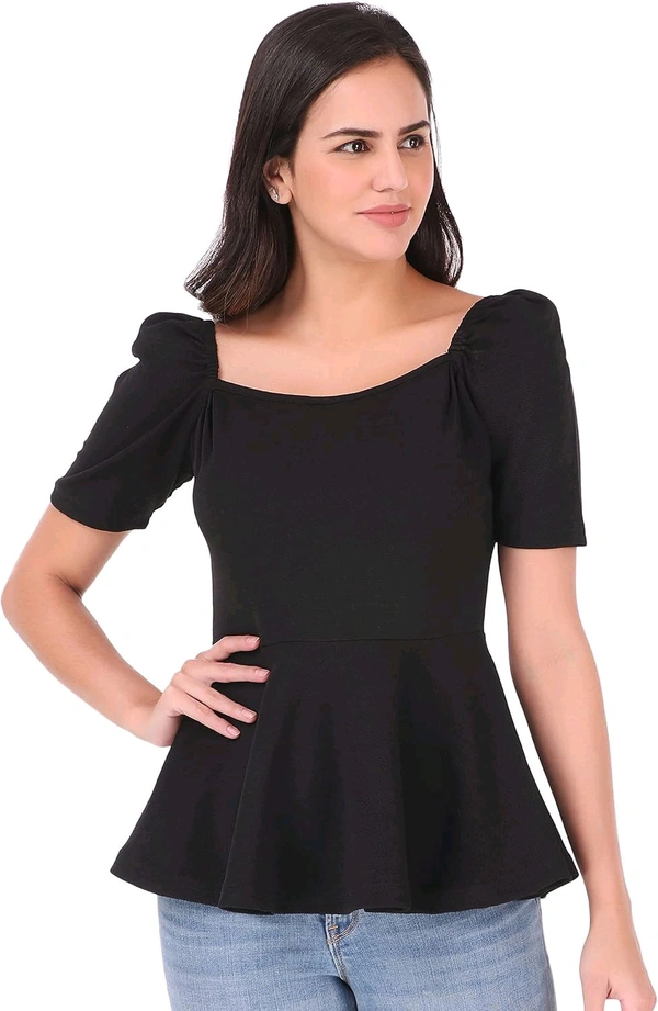 Women's Casual Stylish Peplum Top with Puffed Sleeves - Black, S