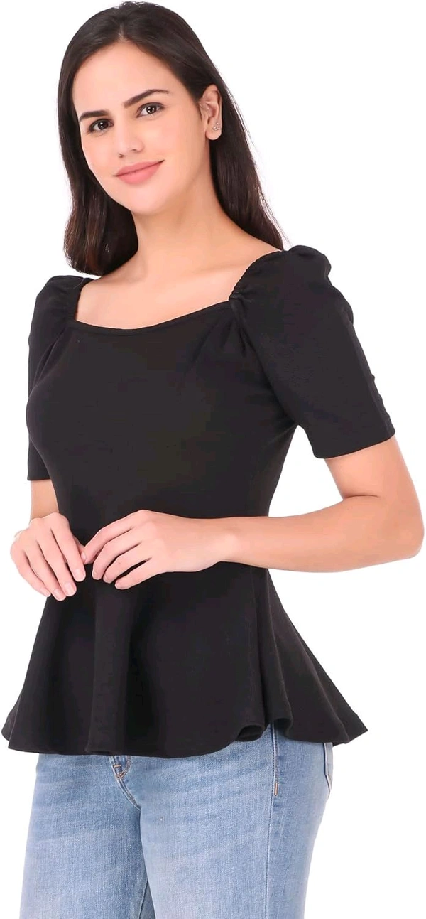 Women's Casual Stylish Peplum Top with Puffed Sleeves - Black, S
