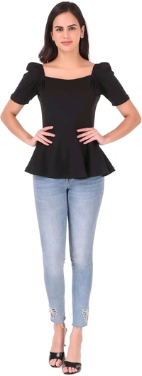 Women's Casual Stylish Peplum Top with Puffed Sleeves - Black, S