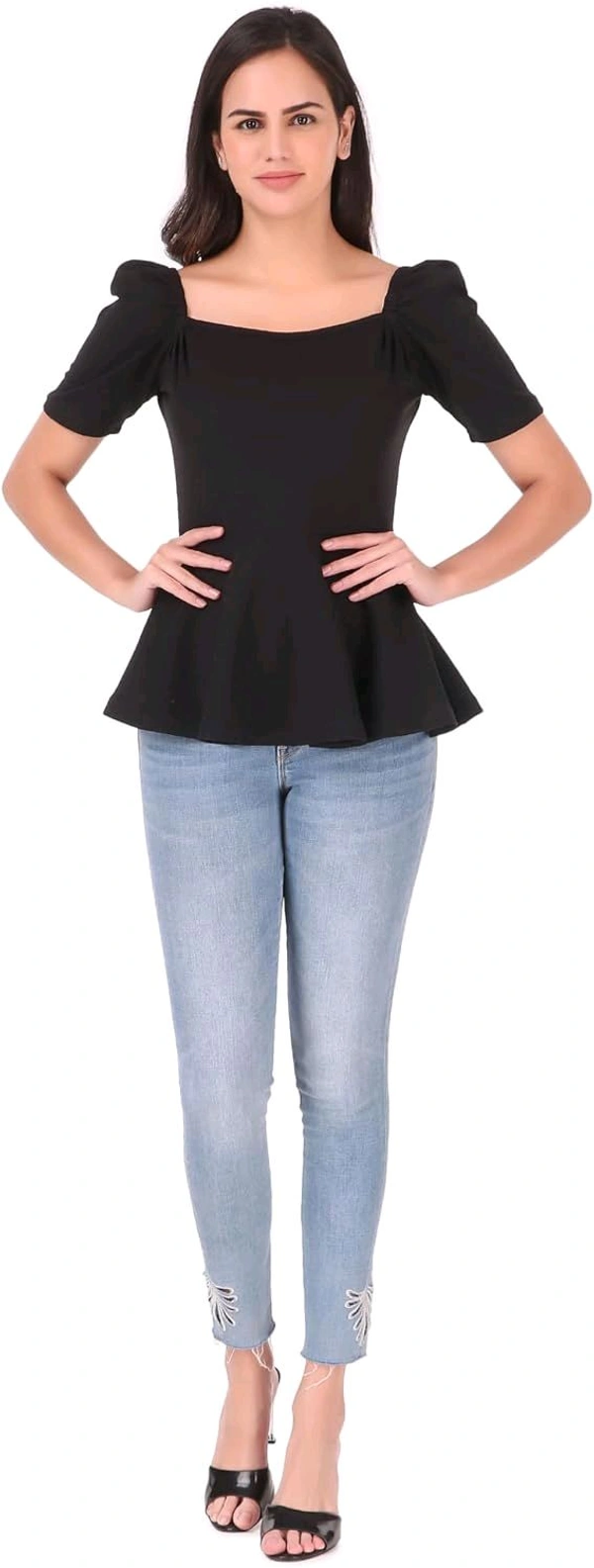 Women's Casual Stylish Peplum Top with Puffed Sleeves - Black, S