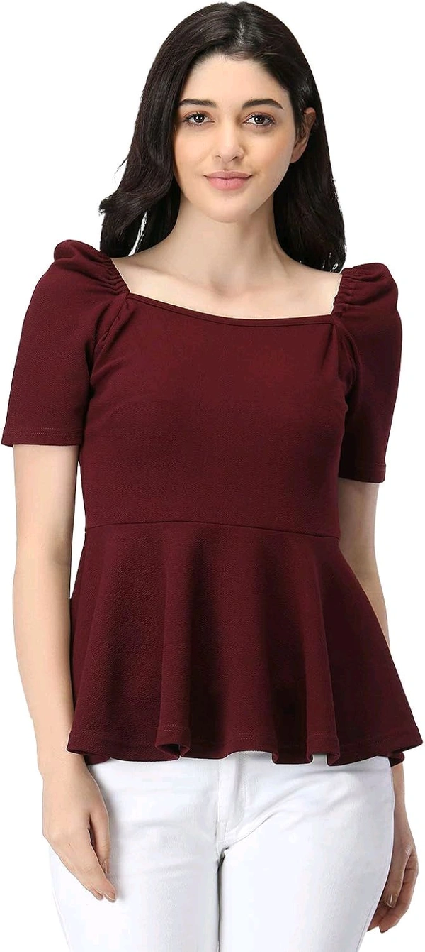 Women's Casual Stylish Peplum Top with Puffed Sleeves - Cocoa Bean, L
