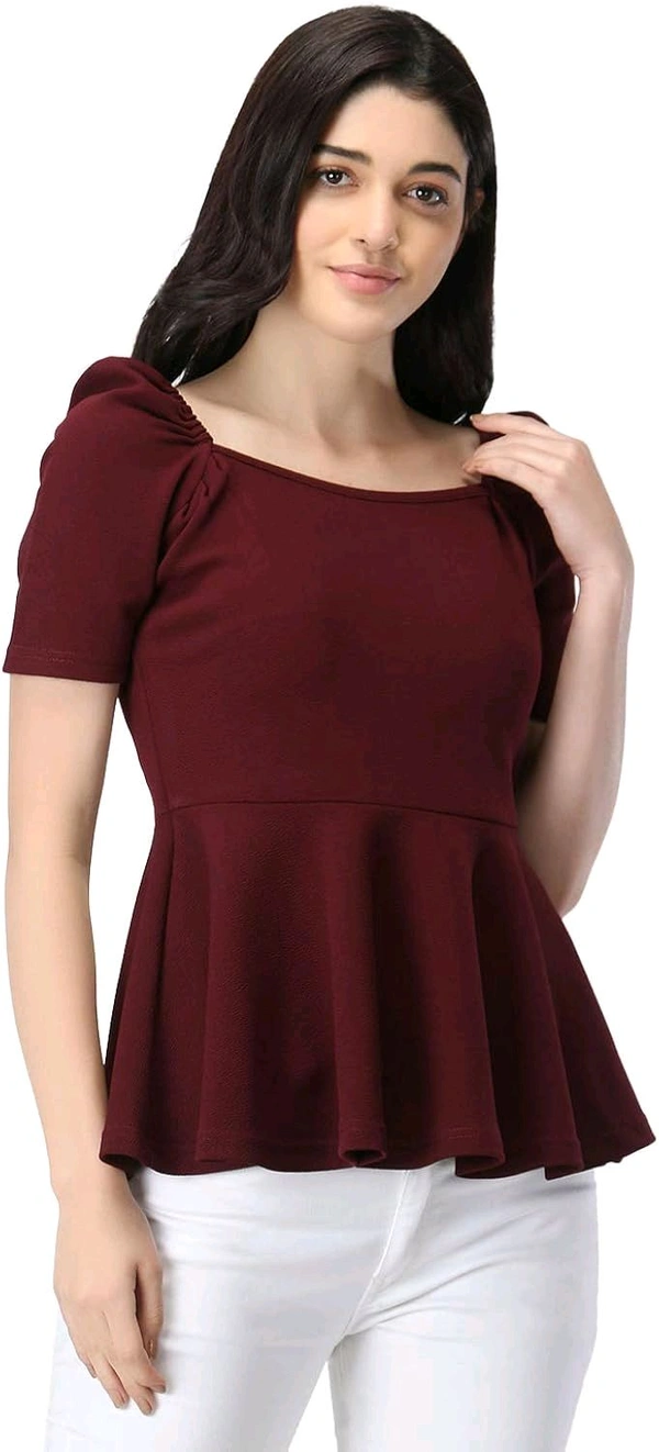 Women's Casual Stylish Peplum Top with Puffed Sleeves - Cocoa Bean, L