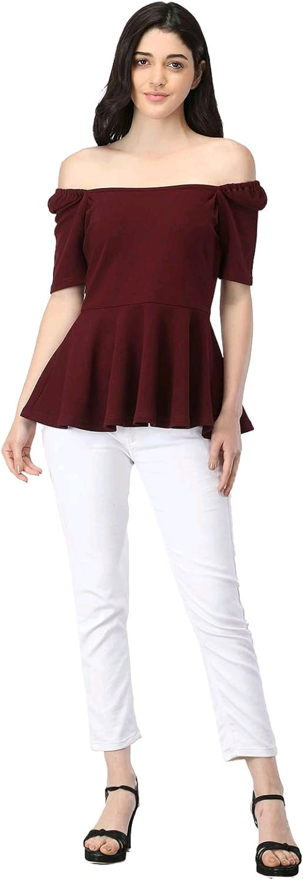 Women's Casual Stylish Peplum Top with Puffed Sleeves - Cocoa Bean, L
