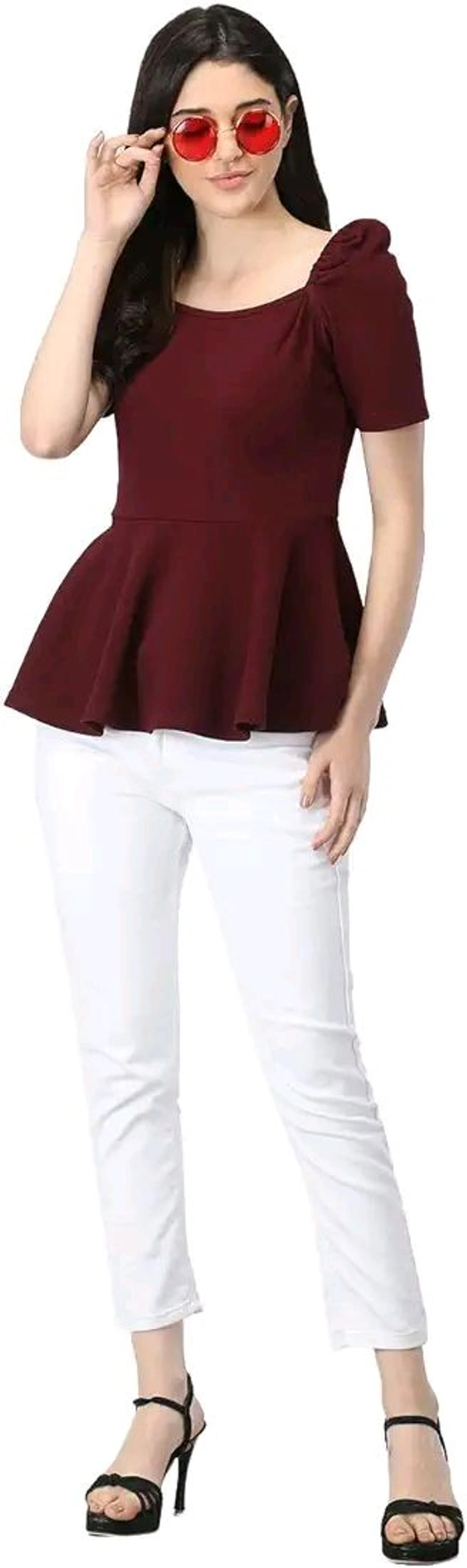 Women's Casual Stylish Peplum Top with Puffed Sleeves - Cocoa Bean, L