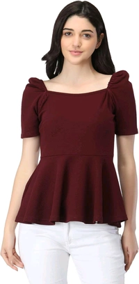 Women's Casual Stylish Peplum Top with Puffed Sleeves - Cocoa Bean, L