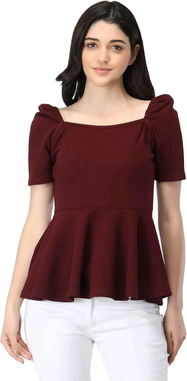 Women's Casual Stylish Peplum Top with Puffed Sleeves - Cocoa Bean, L