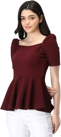 Women's Casual Stylish Peplum Top with Puffed Sleeves - Cocoa Bean, L