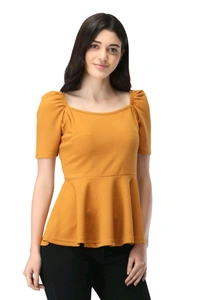 Women's Casual Stylish Peplum Top with Puffed Sleeves - Mustard, L