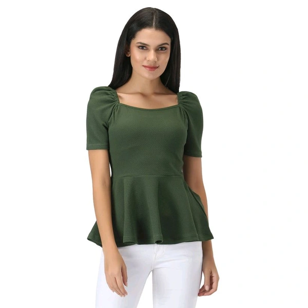 Women's Casual Stylish Peplum Top with Puffed Sleeves - Olive, L