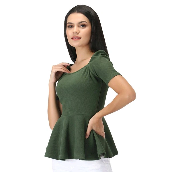 Women's Casual Stylish Peplum Top with Puffed Sleeves - Olive, L