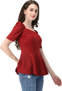 Women's Casual Stylish Peplum Top with Puffed Sleeves - Maroon, L
