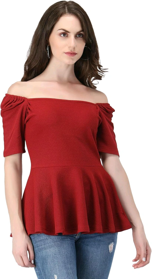 Women's Casual Stylish Peplum Top with Puffed Sleeves - Maroon, L