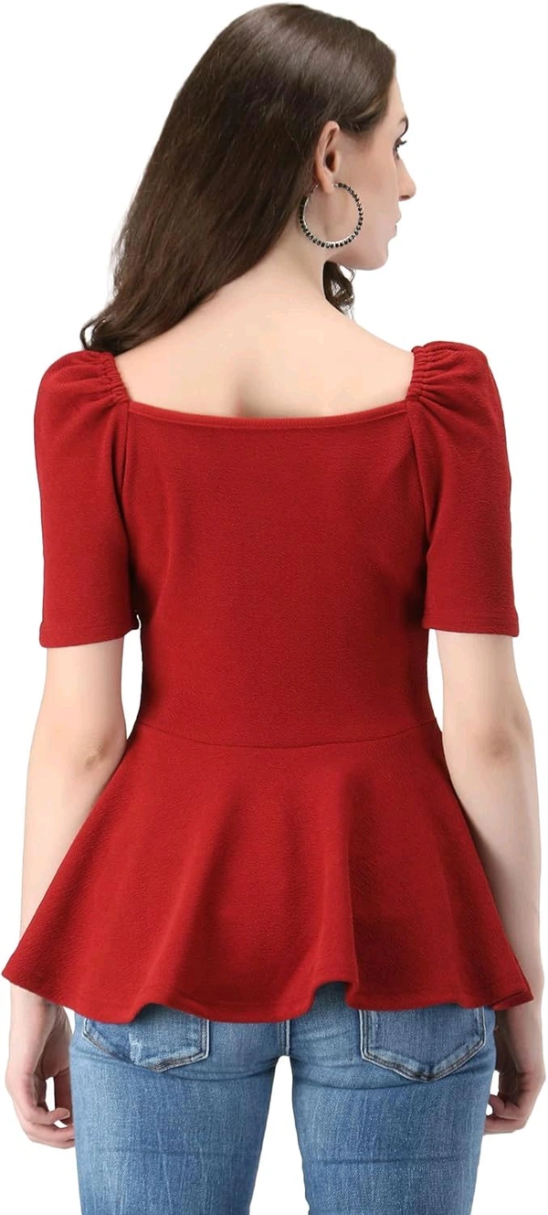 Women's Casual Stylish Peplum Top with Puffed Sleeves - Maroon, L