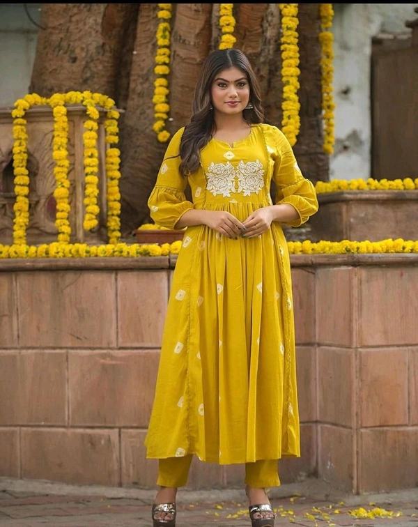 All in Yellow Cotton Kurti Set - Buddha Gold, L