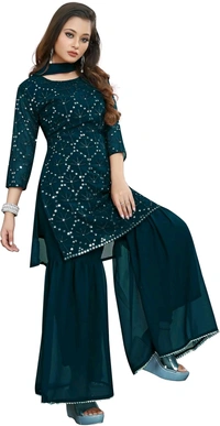 Women's Georgette Sequence Party Festival Wear Full Sleeve Latest Stitched Kurta Sharara and Duppata Set - Blue Dianne, L