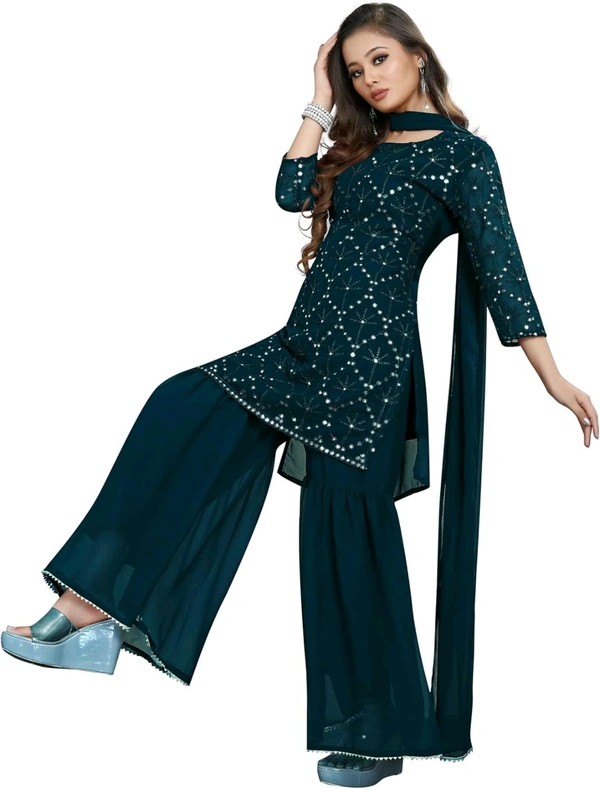 Women's Georgette Sequence Party Festival Wear Full Sleeve Latest Stitched Kurta Sharara and Duppata Set - Blue Dianne, M