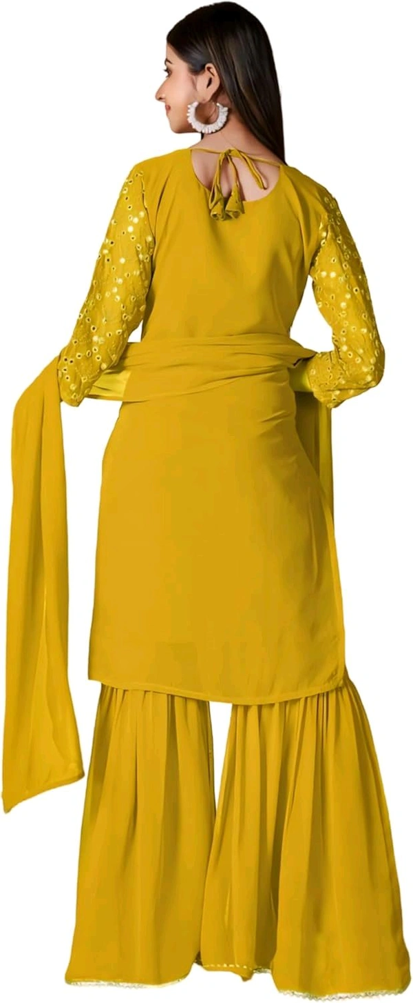 Women's Georgette Sequence Party Festival Wear Full Sleeve Latest Stitched Kurta Sharara and Duppata Set - Pizza, 3XL