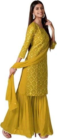 Women's Georgette Sequence Party Festival Wear Full Sleeve Latest Stitched Kurta Sharara and Duppata Set - Pizza, 3XL