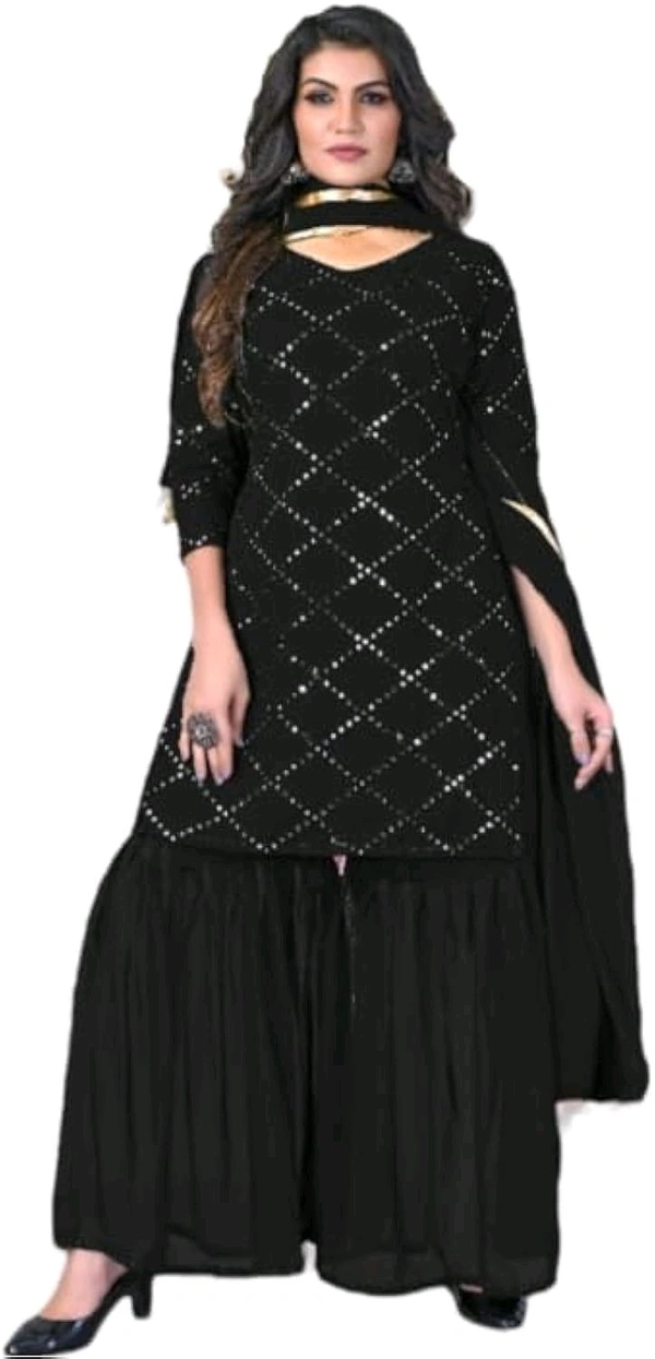 Women's Georgette Sequence Party Festival Wear Full Sleeve Latest Stitched Kurta Sharara and Duppata Set - Black, L