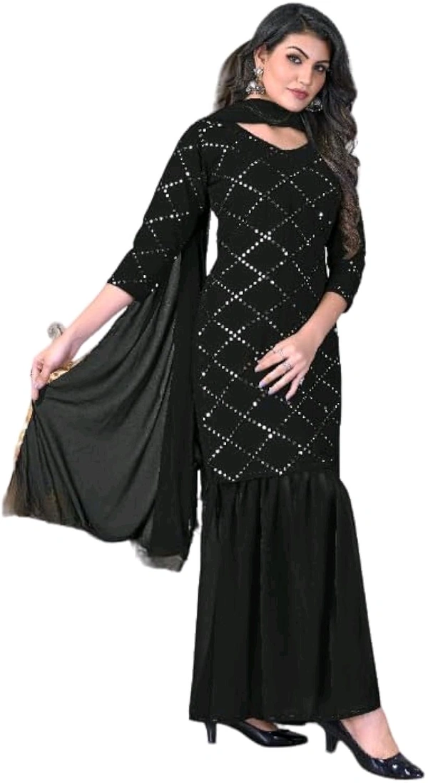 Women's Georgette Sequence Party Festival Wear Full Sleeve Latest Stitched Kurta Sharara and Duppata Set - Black, L