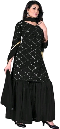 Women's Georgette Sequence Party Festival Wear Full Sleeve Latest Stitched Kurta Sharara and Duppata Set - Black, 2XL