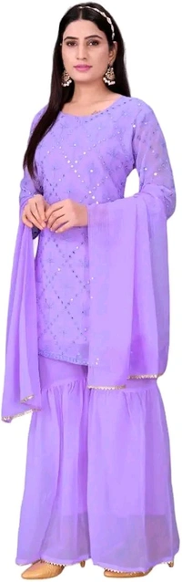 Women's Georgette Sequence Party Festival Wear Full Sleeve Latest Stitched Kurta Sharara and Duppata Set - LAVANDER, L