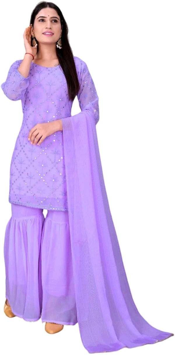 Women's Georgette Sequence Party Festival Wear Full Sleeve Latest Stitched Kurta Sharara and Duppata Set - LAVANDER, S