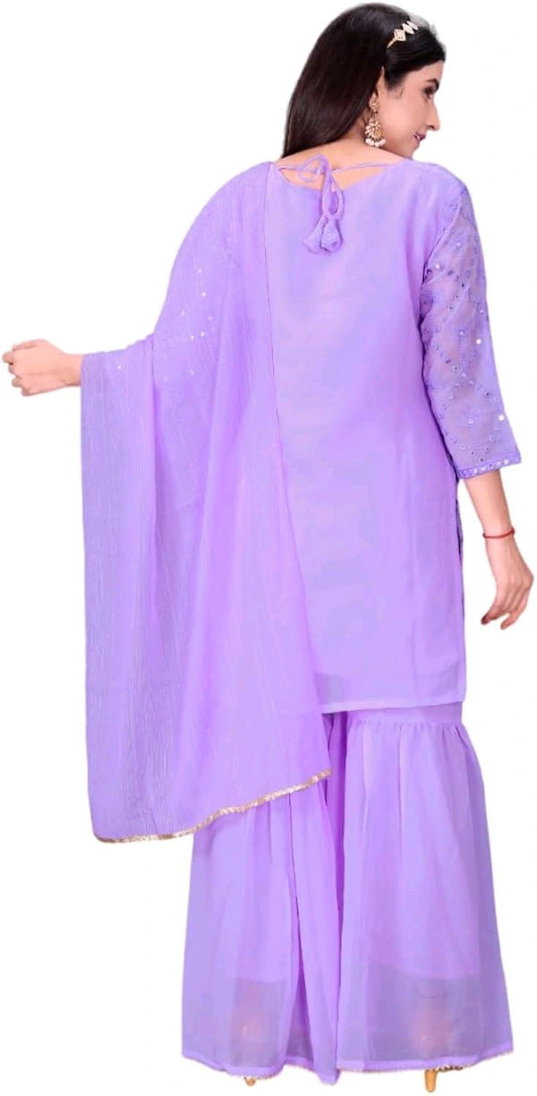 Women's Georgette Sequence Party Festival Wear Full Sleeve Latest Stitched Kurta Sharara and Duppata Set - LAVANDER, XL