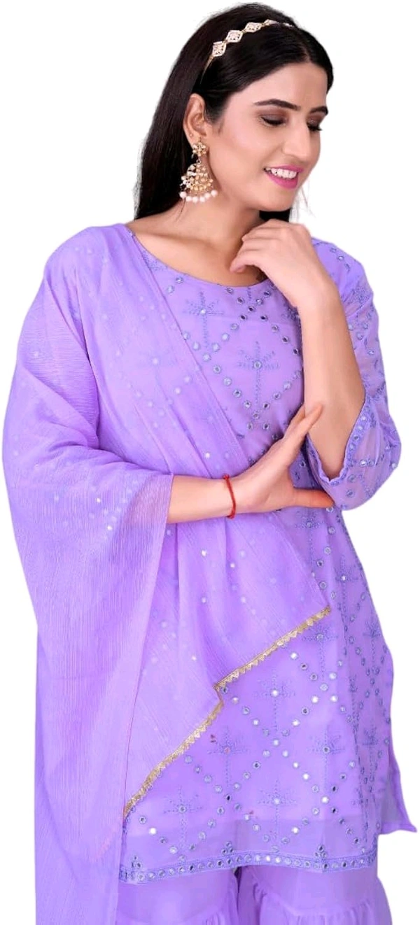 Women's Georgette Sequence Party Festival Wear Full Sleeve Latest Stitched Kurta Sharara and Duppata Set - LAVANDER, 4XL