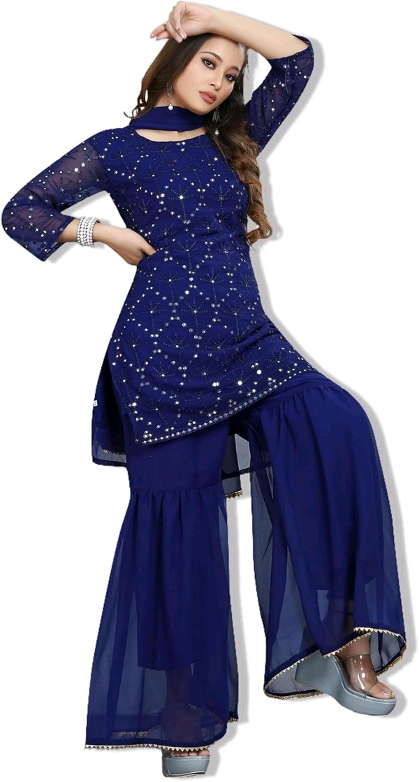 Women's Georgette Sequence Party Festival Wear Full Sleeve Latest Stitched Kurta Sharara and Duppata Set - NEVY BLUE, L