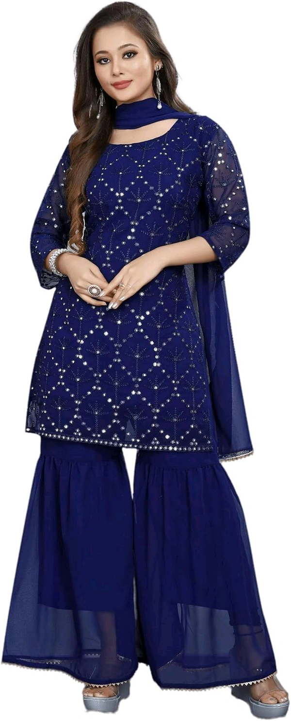 Women's Georgette Sequence Party Festival Wear Full Sleeve Latest Stitched Kurta Sharara and Duppata Set - NEVY BLUE, M