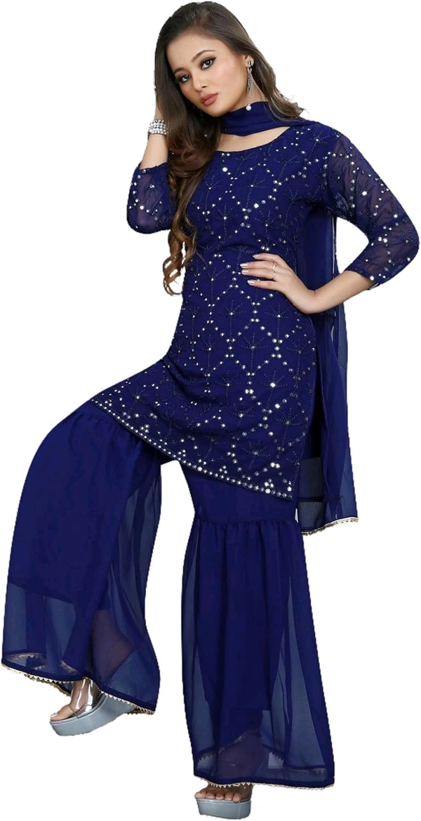 Women's Georgette Sequence Party Festival Wear Full Sleeve Latest Stitched Kurta Sharara and Duppata Set - NEVY BLUE, XXL