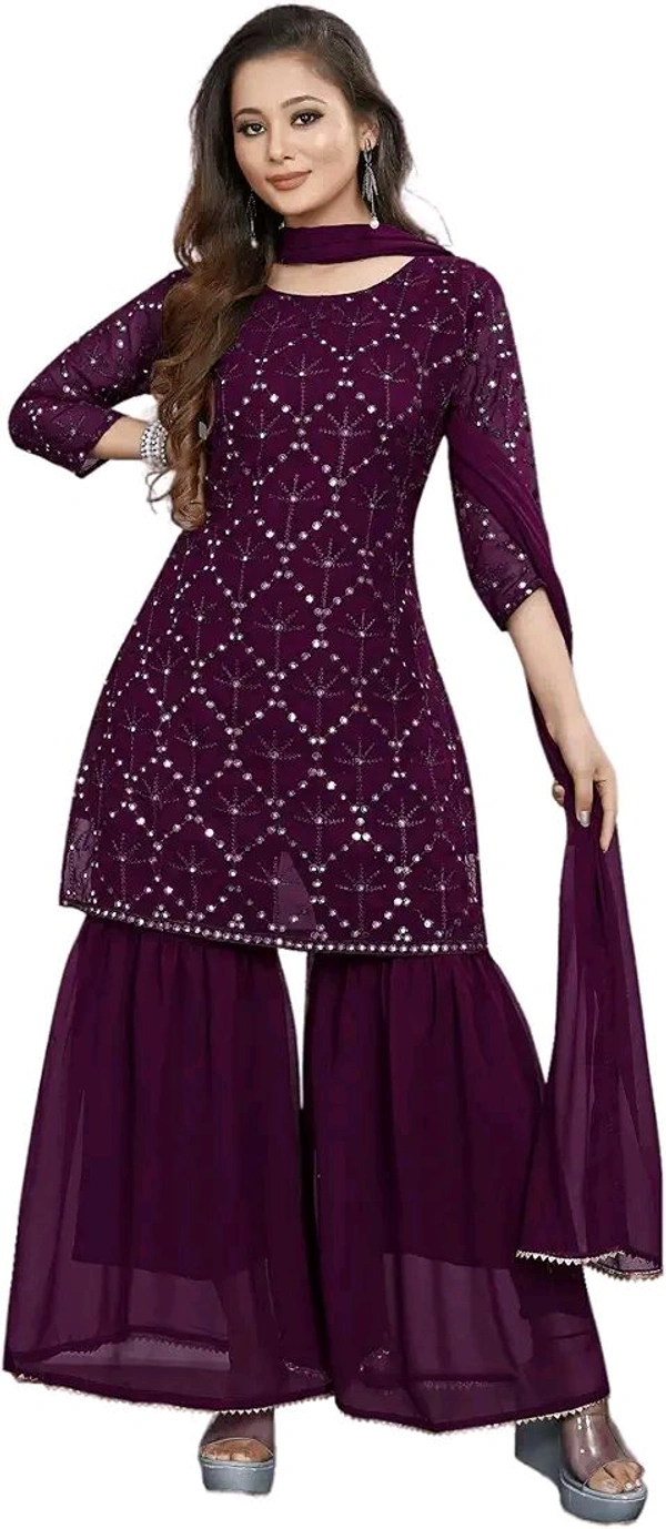 Women's Georgette Sequence Party Festival Wear Full Sleeve Latest Stitched Kurta Sharara and Duppata Set - purple, XXL