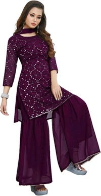 Women's Georgette Sequence Party Festival Wear Full Sleeve Latest Stitched Kurta Sharara and Duppata Set - purple, 2XL